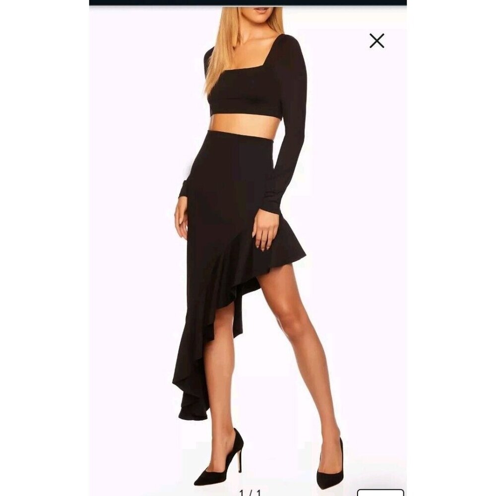 NEW SUSANA MONACO High Waisted Slit Asymmetric Ruffle- Black - Large